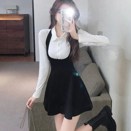 Autumn New Two-piece Skirt Sets Women Long Sleeve White Blouse High Waist Halter Mini Dress Korean Fashion Y2K Harajuku Outfits