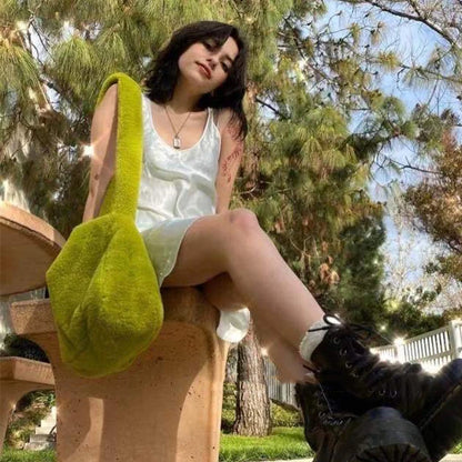 2000s Y2k Hot Girls Candy Color Rose Pink Plush Crossbody Shoulder Bag Women Winter Harajuku Street Fashion Faux Rabbit Fur Bags