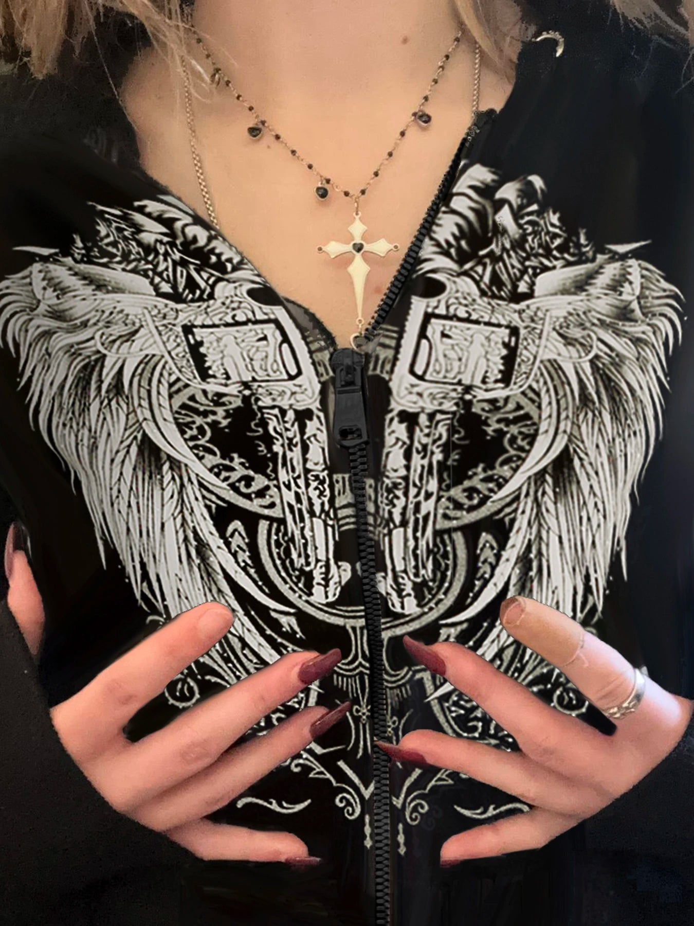 Y2k Darkly Retro Zip Up Hooded Coat Long Sleeve Basic Women s Fashion Chic Diamonds Print Sweats Cardigan