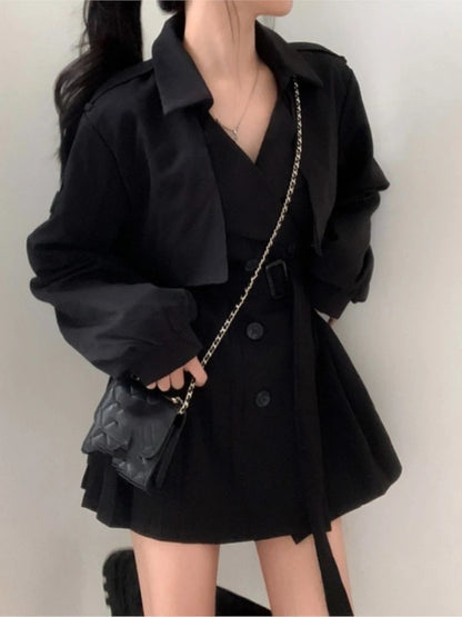 Gabardina elegante y plisada de estilo coreano para mujer, vestido con cinturón, cuello vuelto, doble botonadura, liso, para otoño