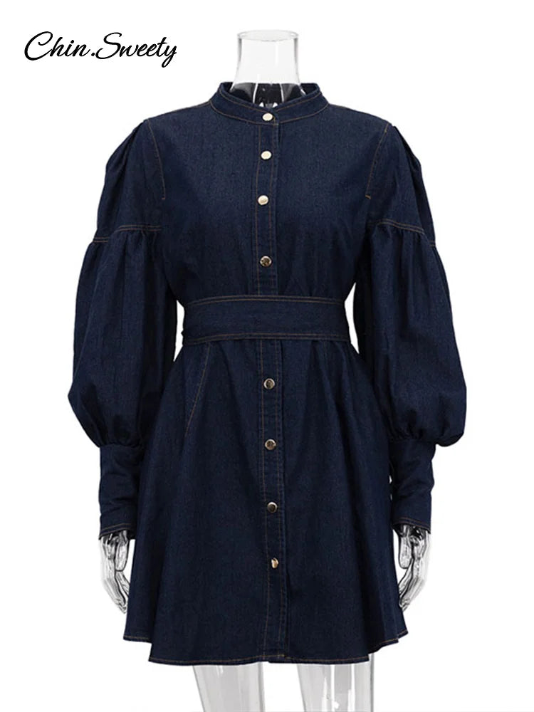 Casual Women’s Denim Blue Mini Dresses O-neck Long Sleeved Cinched High Waist Lace Up Dresses 2025 Spring Lady A-line Vestidos