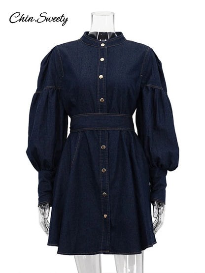 Casual Women’s Denim Blue Mini Dresses O-neck Long Sleeved Cinched High Waist Lace Up Dresses 2025 Spring Lady A-line Vestidos