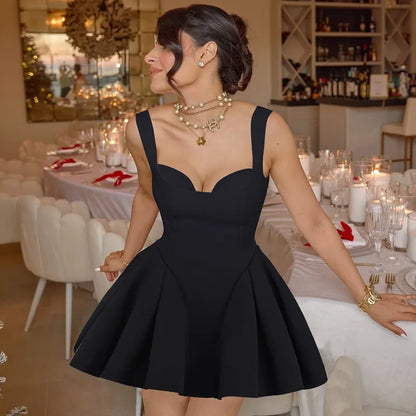 2025 New Party Spaghetti Strap Dress Women’s Fashion Backless Sexy Mini Dress Plunge Elegant Folds Suspender Dress Female