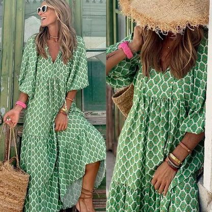 Vestido largo bohemio con mangas abullonadas para mujer, estilo vintage, elegante, informal, con estampado floral y cuello en V, holgado, para fiestas en la playa