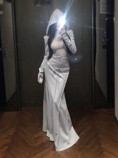 Conjunto de falda de 3 piezas de otoño Y2K para mujer, cárdigan corto con capucha de manga larga, chaleco, falda larga, ropa de calle sexy para fiesta y club Harajuku, nuevo