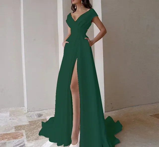 Vestidos de fiesta elegantes con escote en V y volantes 2025, vestido de noche largo con abertura en la cintura alta, sin mangas, vestidos formales irregulares sexis para mujer