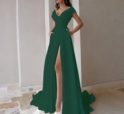 Vestidos de fiesta elegantes con escote en V y volantes 2025, vestido de noche largo con abertura en la cintura alta, sin mangas, vestidos formales irregulares sexis para mujer
