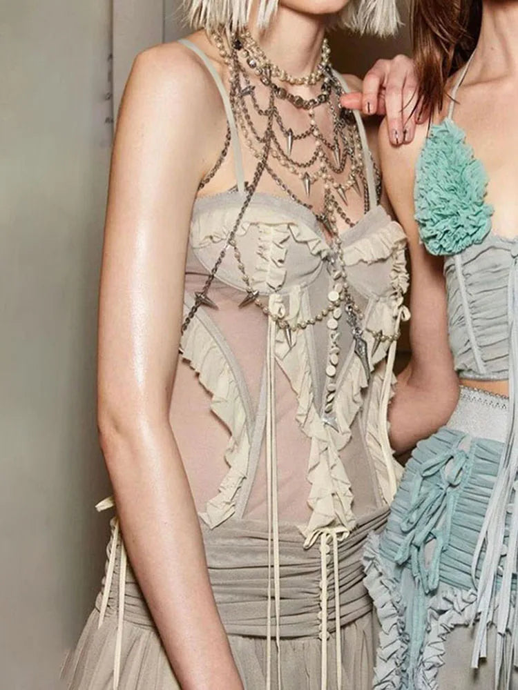Camisola de tirantes fina con volantes y retazos para mujer, estilo Y2K, estilo veraniego, estilo urbano, sexy, de los años 2000