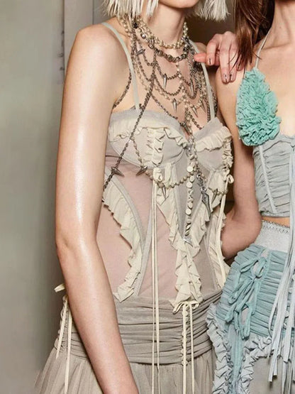 Camisola de tirantes fina con volantes y retazos para mujer, estilo Y2K, estilo veraniego, estilo urbano, sexy, de los años 2000