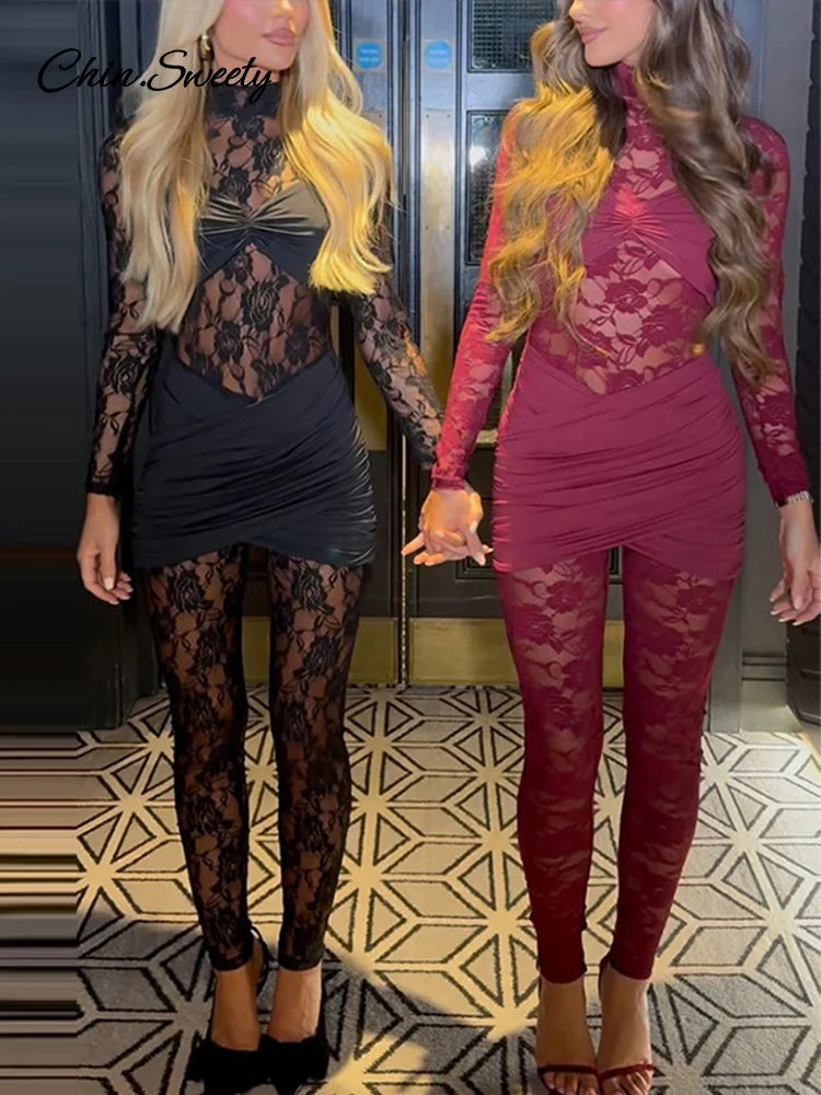 Mono sexy de encaje de manga larga de una pieza para mujer, mono ajustado con cuello alto, mono transparente para fiesta y club, primavera 2025