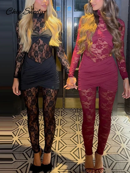 Mono sexy de encaje de manga larga de una pieza para mujer, mono ajustado con cuello alto, mono transparente para fiesta y club, primavera 2025