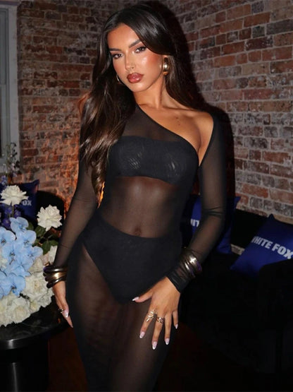 Black See Through Y2k Dress For Women Clothing Long Sleeve Vestidos De Mujer Slim Sexy Streetwear High Waist Autumn Robe Femme