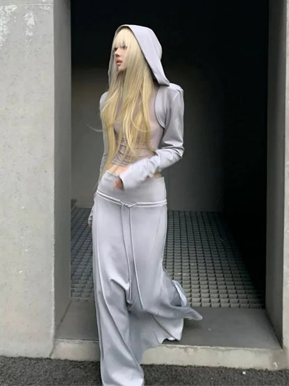 Conjunto de falda de 3 piezas de otoño Y2K para mujer, cárdigan corto con capucha de manga larga, chaleco, falda larga, ropa de calle sexy para fiesta y club Harajuku, nuevo