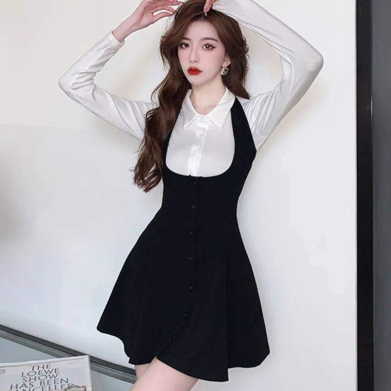 Autumn New Two-piece Skirt Sets Women Long Sleeve White Blouse High Waist Halter Mini Dress Korean Fashion Y2K Harajuku Outfits