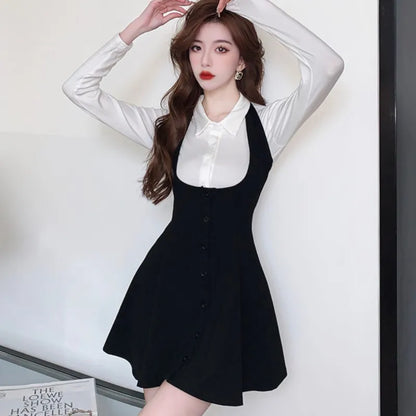 Autumn New Two-piece Skirt Sets Women Long Sleeve White Blouse High Waist Halter Mini Dress Korean Fashion Y2K Harajuku Outfits