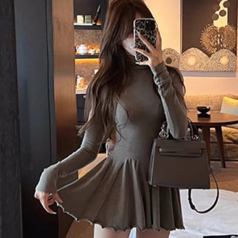Otoño Nuevos Vestidos Mini Sólidos Para Mujer Cuello Alto Manga Larga Volantes Acampanados Casual Moda Coreana Ropa Femenina Vestidos Para Mujer