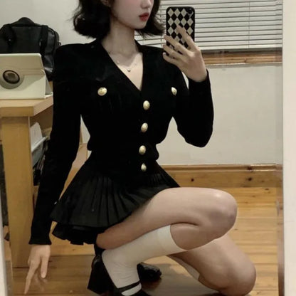 Autumn Korean Fashion Knitted Two-piece Skirt Set Women Casual Single Breasted V-neck Sweater Mini Ruffles Skirt Y2K New Outfits