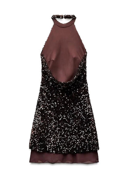 Vestido mini con lentejuelas y espalda descubierta para mujer, sexy, con hombros descubiertos, corte en A, para fiesta de noche, de verano, ajustado, con purpurina, 2025