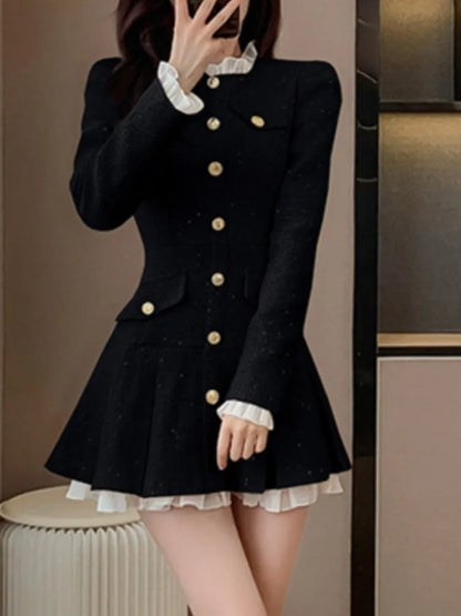 Vestido corto a cuadros de tweed para mujer, moda Otoño Invierno, nuevo, plisado, con una sola botonadura, elegante y chic.