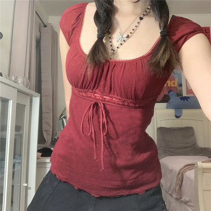 2000s Aesthetic Sweet Lace Tops Women Off Shoulder Drawstring T-shirt Korean Fashion Female Tee Fairy Grunge Streetwear