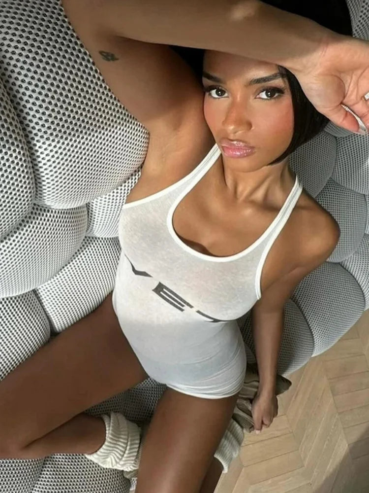 Mono de una pieza blanco con estampado de letras para mujer, mono sin mangas, mono corto ajustado, ropa de verano