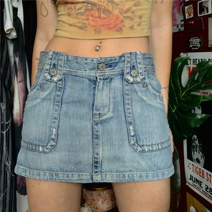 2000s Aesthetic Denim Skirt y2k Women Grunge Harajuku Short Mini Jeans Skirt with Pockets Korean Fashion Streetwear
