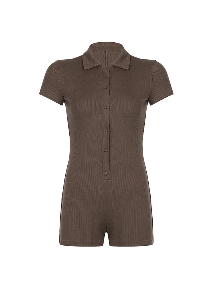 Mono de mujer con cuello vuelto, manga corta, ajustado, acanalado, liso, con botones, estilo vintage, informal, básico, para verano
