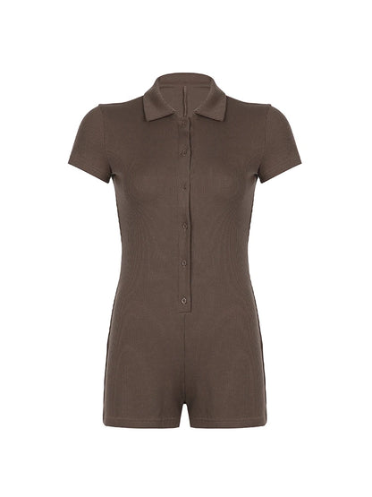 Mono de mujer con cuello vuelto, manga corta, ajustado, acanalado, liso, con botones, estilo vintage, informal, básico, para verano