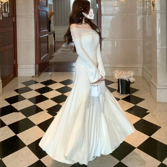 Vestidos de punto nuevos de otoño e invierno para mujer, cuello alto, manga acampanada, encaje de retazos, corte sirena, moda coreana, Vestidos para mujer