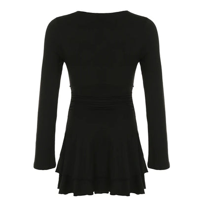 Vestido negro ajustado con escote en V y manga larga, sexy, básico, nuevo, fruncido en capas, corto