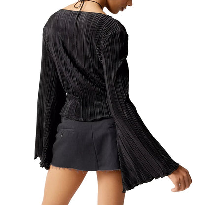 Blusa Y2K de los años 2000 para mujer, de color liso, con una sola botonadura, de manga larga, plisada, con borde con volantes, ropa de calle