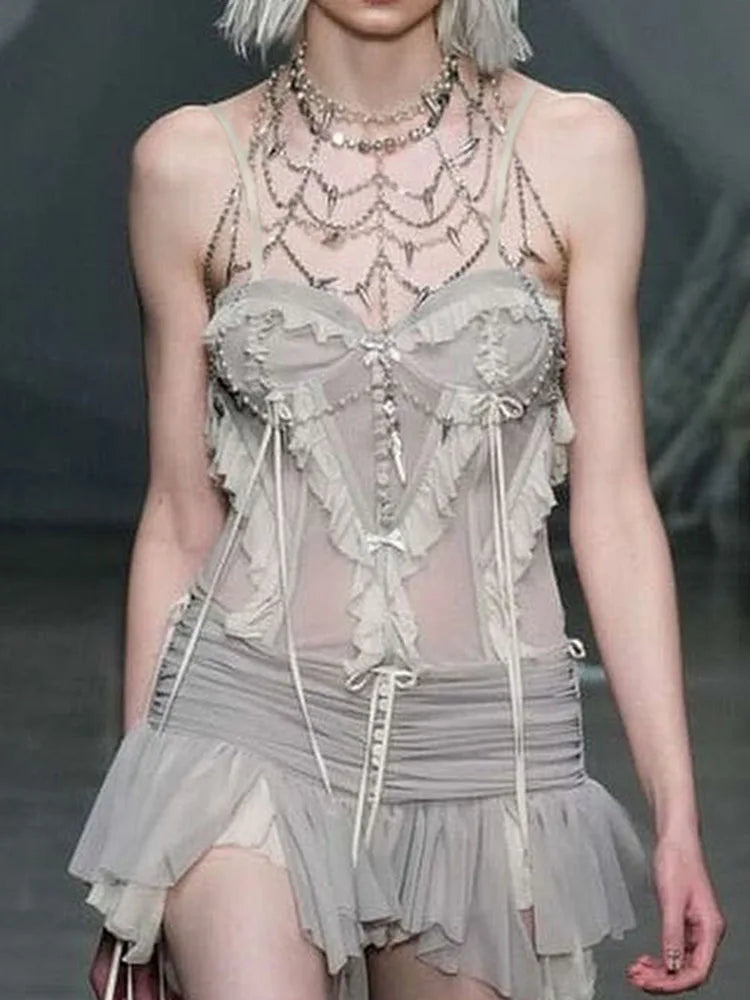 Camisola de tirantes fina con volantes y retazos para mujer, estilo Y2K, estilo veraniego, estilo urbano, sexy, de los años 2000