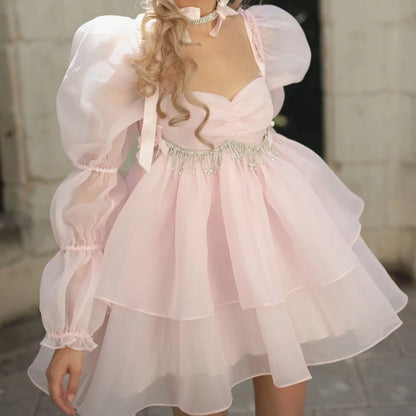 Women Kawaii Puff Sleeve Tulle Princess Dress Vintage Off Shoulder Square Collar Mini Dress Puffy Mesh Party Prom Evening Dress