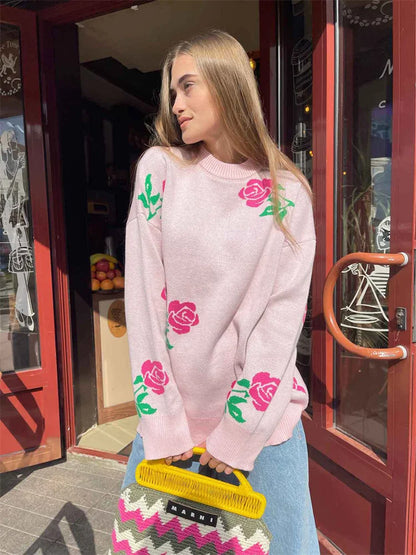 Autumn Knit Sweater Pullover Women’s Printed Long Sleeve High Waist Ribbed Fashion Loose Knitwear Top Female Sweater