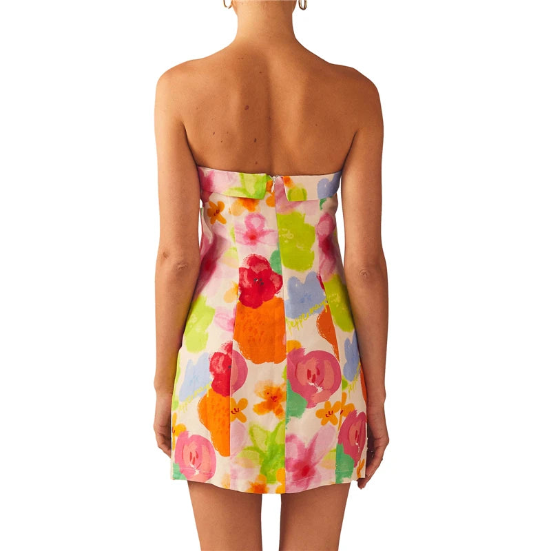 Aesthetic Dress y2k Women Floral Print Off Shoulder Strapless Sleeveless Mini Dress Going Out Party Dresses Clubwear