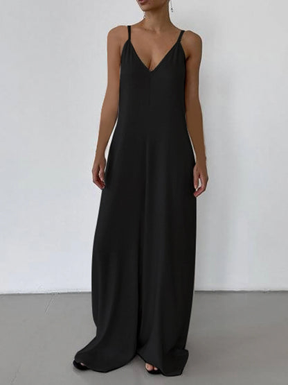 Monos bohemios negros informales holgados con cuello en V sin mangas para mujer, monos de pierna ancha con espalda descubierta y tirantes finos para vacaciones.