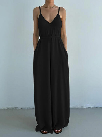 Monos bohemios negros informales holgados con cuello en V sin mangas para mujer, monos de pierna ancha con espalda descubierta y tirantes finos para vacaciones.