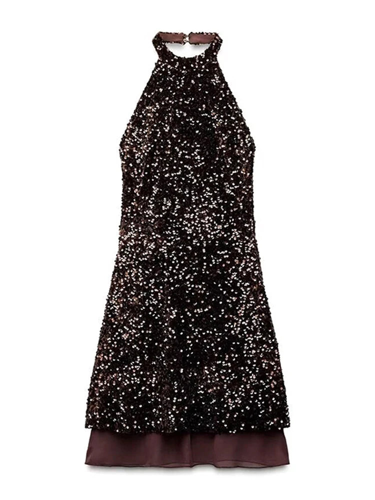 Vestido mini con lentejuelas y espalda descubierta para mujer, sexy, con hombros descubiertos, corte en A, para fiesta de noche, de verano, ajustado, con purpurina, 2025