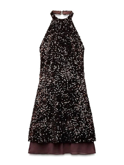 Vestido mini con lentejuelas y espalda descubierta para mujer, sexy, con hombros descubiertos, corte en A, para fiesta de noche, de verano, ajustado, con purpurina, 2025