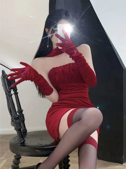 Minivestidos sexys de terciopelo ajustados para mujer, sin tirantes, cintura estrecha, para fiesta de cumpleaños, noche, moda coreana, vestidos de una pieza