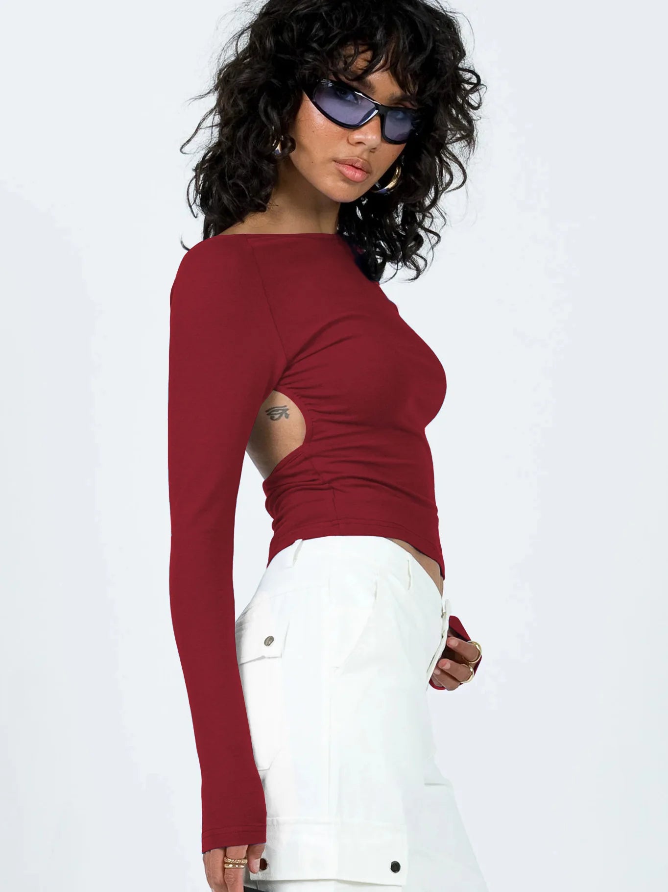 Camiseta sexy de manga larga con hombros descubiertos y espalda descubierta de estilo europeo y americano Y2K para mujer