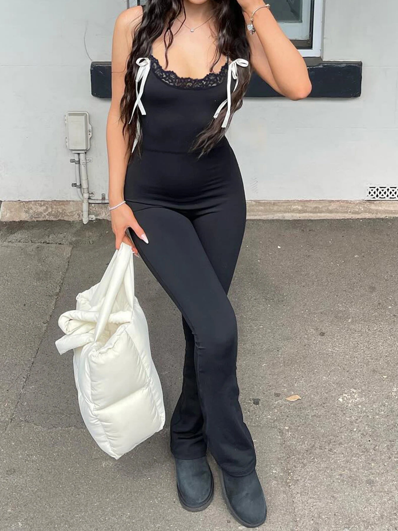 Black Solid Sleeveless Skinny Sexy Flared Jumpsuits Women Lace Trim Tie Bow Cute Sweet Y2K Slip Rompers