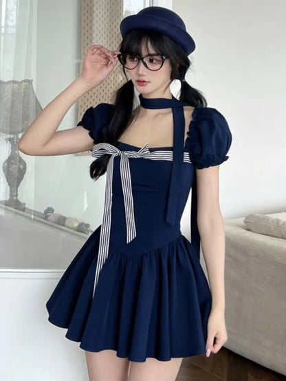 Vestidos cortos Y2K para mujer, cuello cuadrado, mangas abullonadas, volantes, corte A, liso, moda coreana de verano, dulce, de una pieza, Vestido para mujer