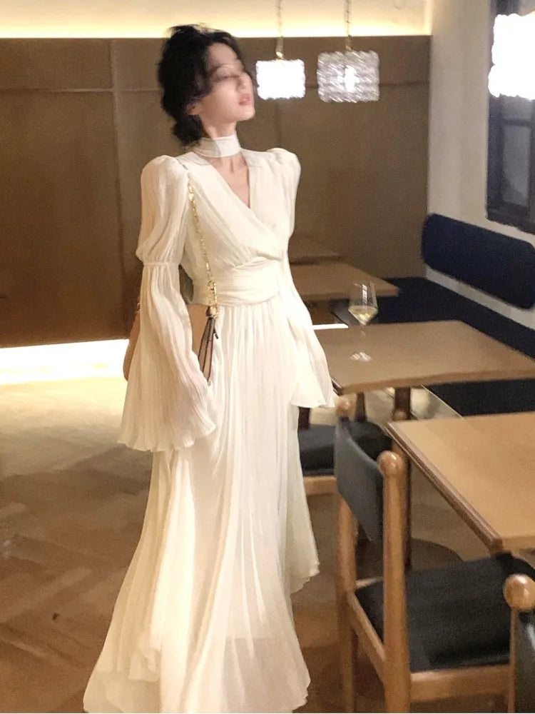 Autumn Solid Pleated Long Dresses for Women Halter V-neck Flare Sleeve Wedding Party Dress Korean Fashion One Piece Vestidos New