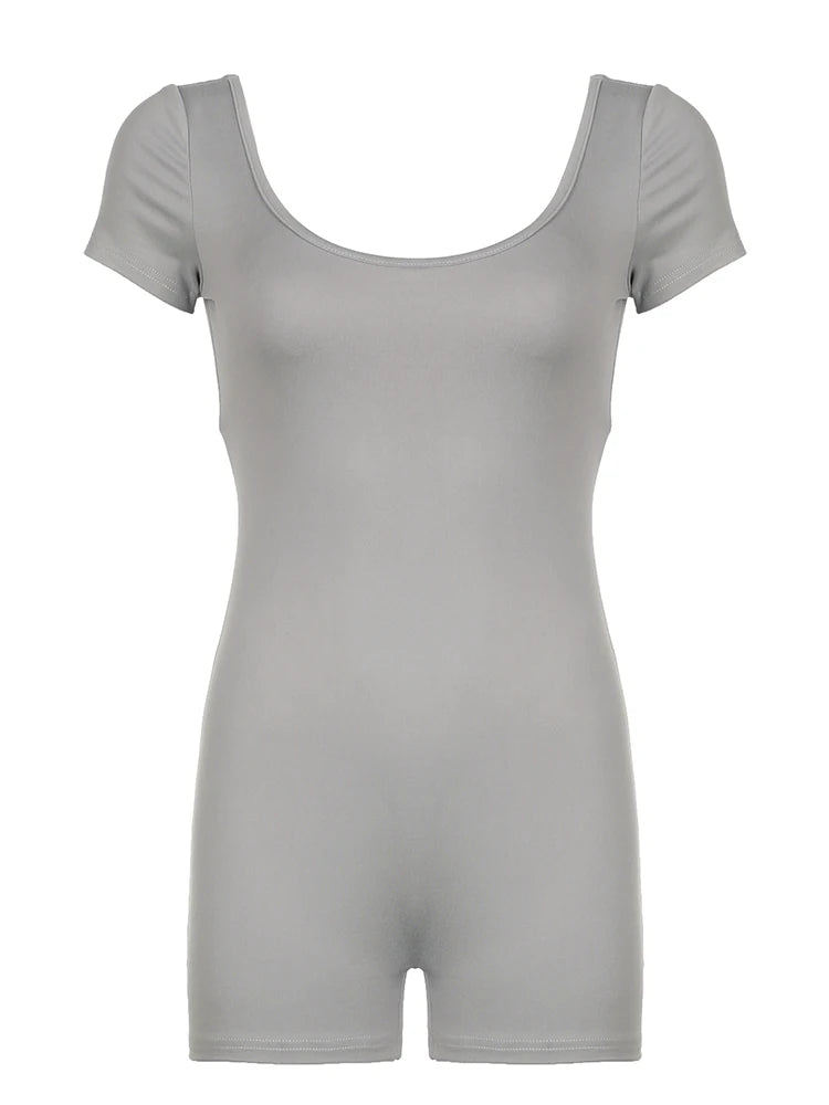 Mono ajustado de manga corta con cuello cuadrado y espalda descubierta para mujer, color gris, sexy, para fiesta de verano, estilo baddie.
