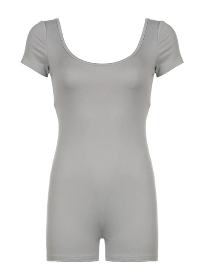 Mono ajustado de manga corta con cuello cuadrado y espalda descubierta para mujer, color gris, sexy, para fiesta de verano, estilo baddie.