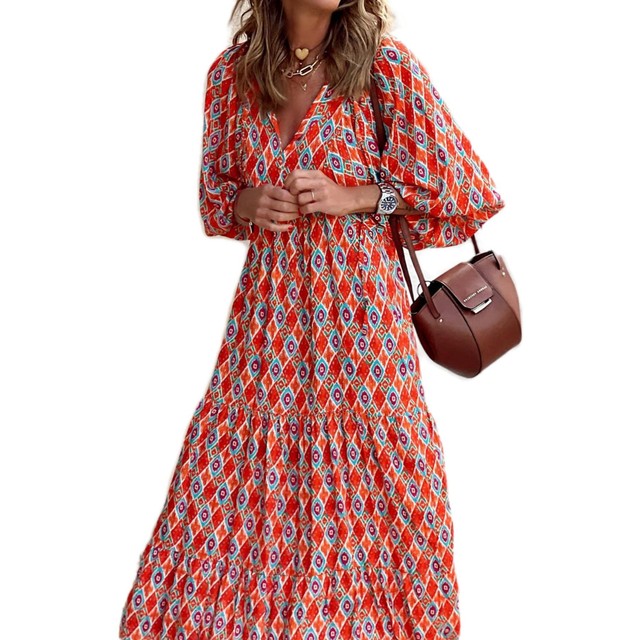 Vestido largo bohemio con mangas abullonadas para mujer, estilo vintage, elegante, informal, con estampado floral y cuello en V, holgado, para fiestas en la playa