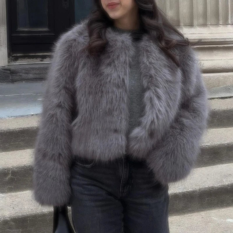 Brand Fashion  Winter Sweet Pink Cropped Faux Fur Coat Women Streetwear Ins Chic Girls Fluffy Fox Fur Jacket Female