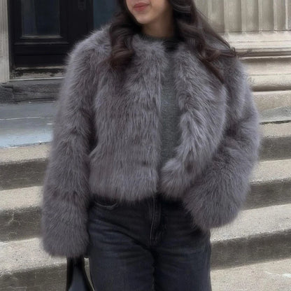 Brand Fashion  Winter Sweet Pink Cropped Faux Fur Coat Women Streetwear Ins Chic Girls Fluffy Fox Fur Jacket Female