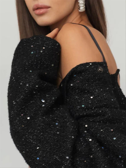 Black Sequin Fashion Outwear Female Loose Patchwork High Waist Long Sleeve Jacket Streetwear Solid Glitter Female Coat New